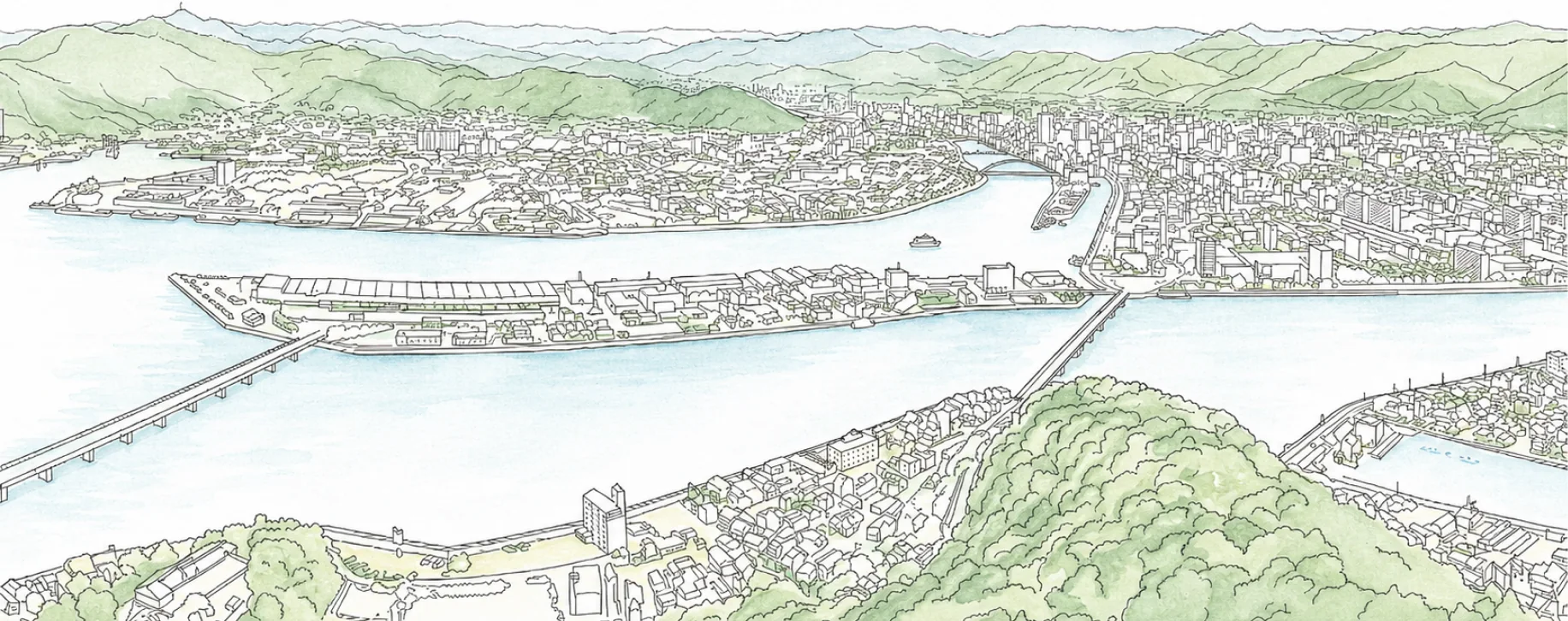 高知市と浦戸湾を見渡す風景イラスト